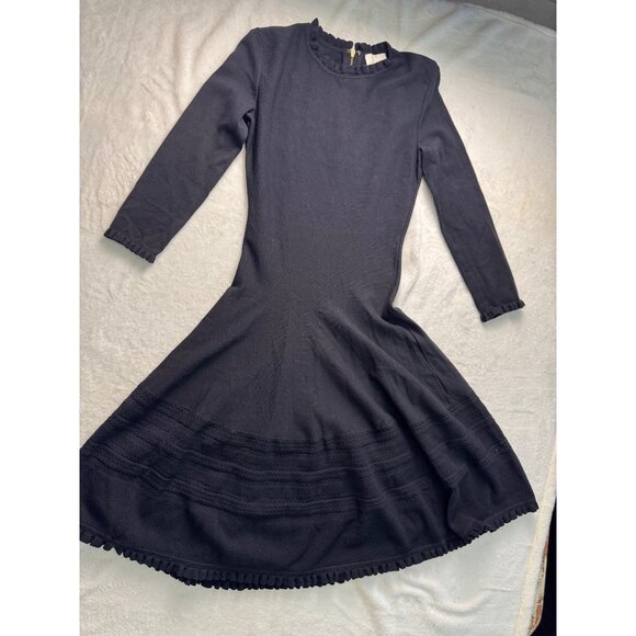 Kate Spade New York Black Pointelle Ruffle Sweater Dress Sz. XS Academia Preppy - Picture 2 of 8